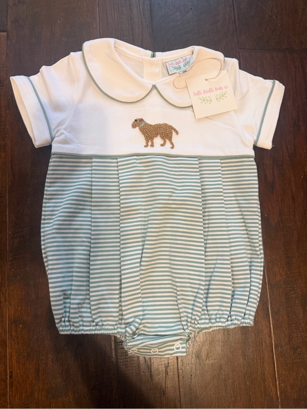Baby Green Stripe One-Piece with Dog Embroidery